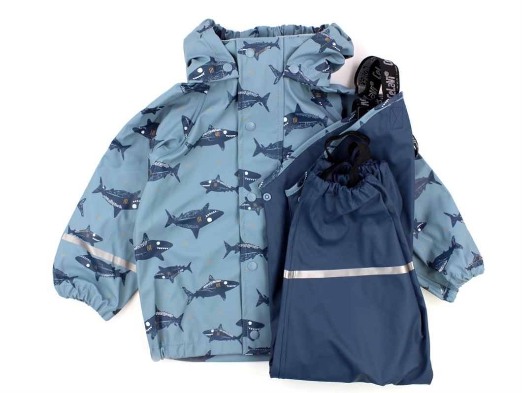 Skylight Billedhugger vil beslutte CeLaVi regntøj smoke blue hajprint | Regntøj til børn | 399,90.-